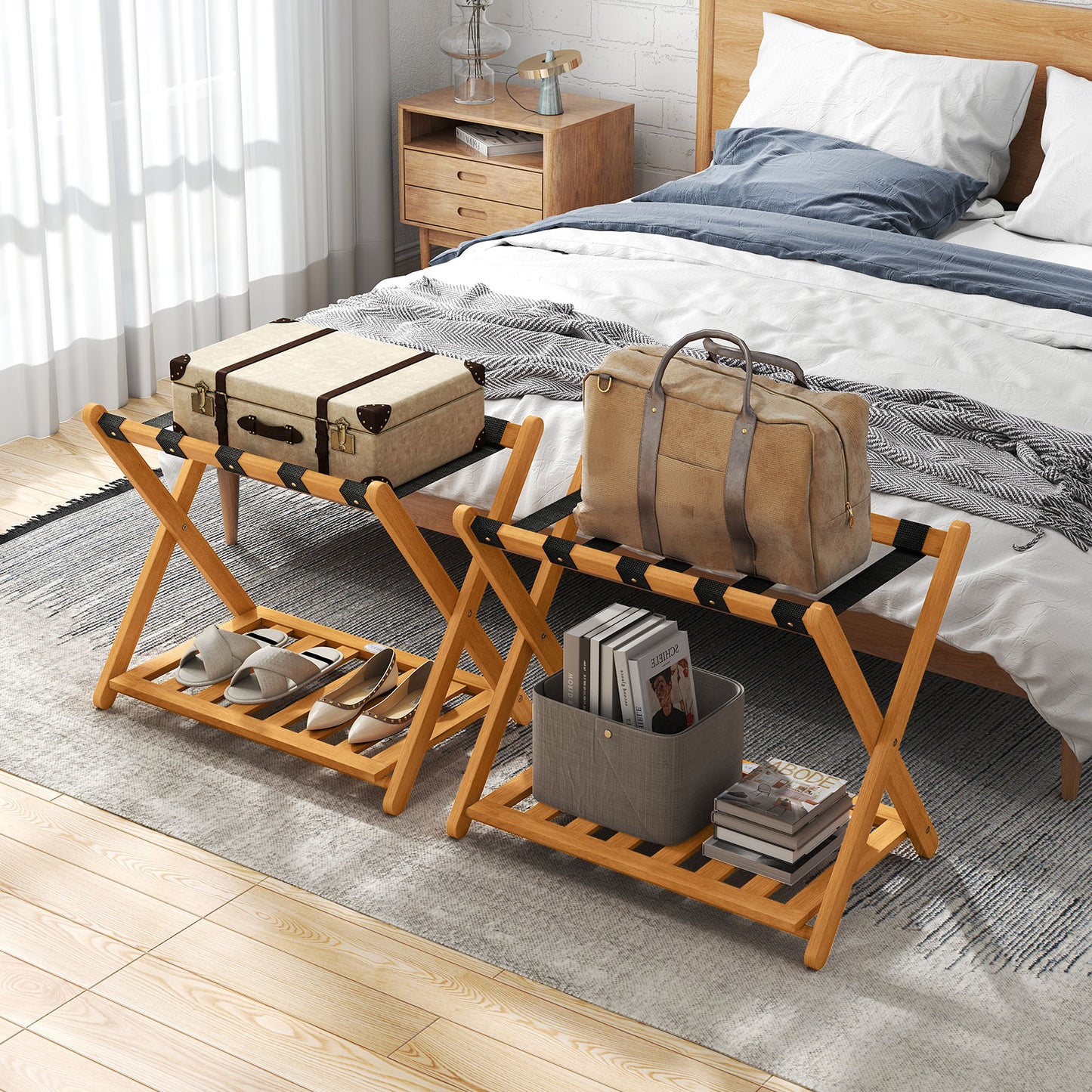 Set of 2 Folding Luggage Racks with 5 Nylon Straps and Slatted Storage Shelf, Natural Shoe Racks & Storage Benches at Gallery Canada