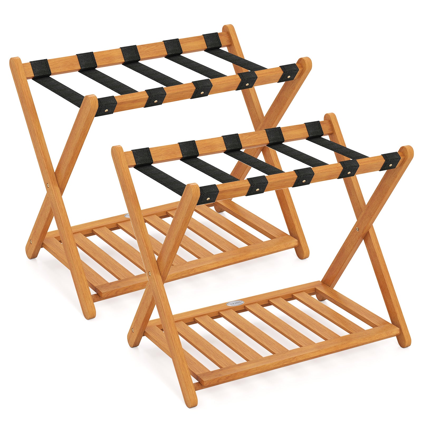 Set of 2 Folding Luggage Racks with 5 Nylon Straps and Slatted Storage Shelf, Natural Shoe Racks & Storage Benches Natural at Gallery Canada