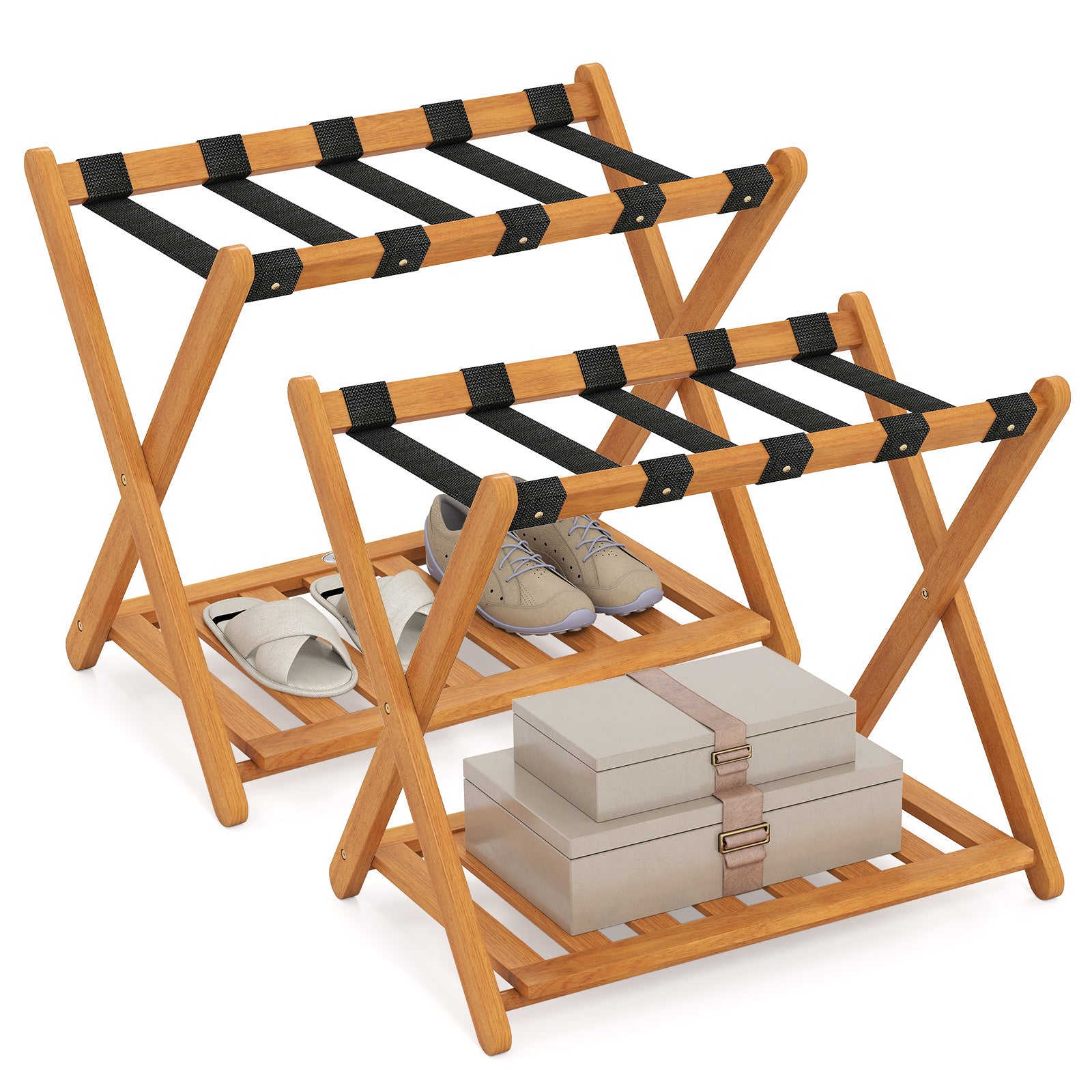 Set of 2 Folding Luggage Racks with 5 Nylon Straps and Slatted Storage Shelf, Natural Shoe Racks & Storage Benches at Gallery Canada