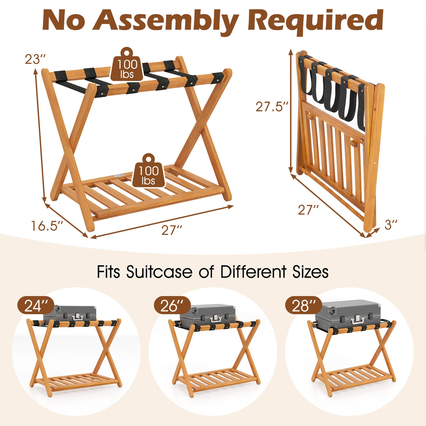 Set of 2 Folding Luggage Racks with 5 Nylon Straps and Slatted Storage Shelf, Natural Shoe Racks & Storage Benches at Gallery Canada
