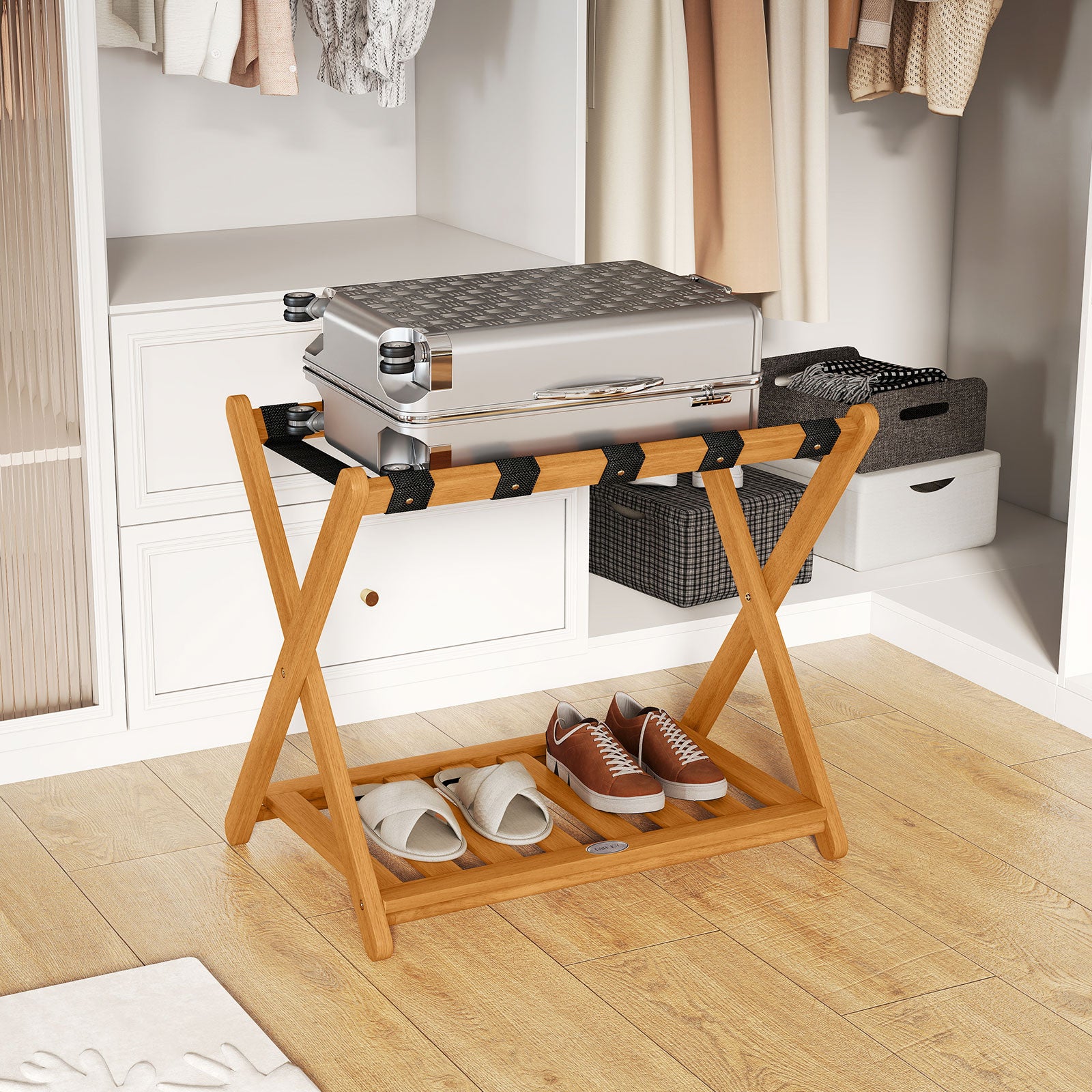 Set of 2 Folding Luggage Racks with 5 Nylon Straps and Slatted Storage Shelf, Natural Shoe Racks & Storage Benches at Gallery Canada