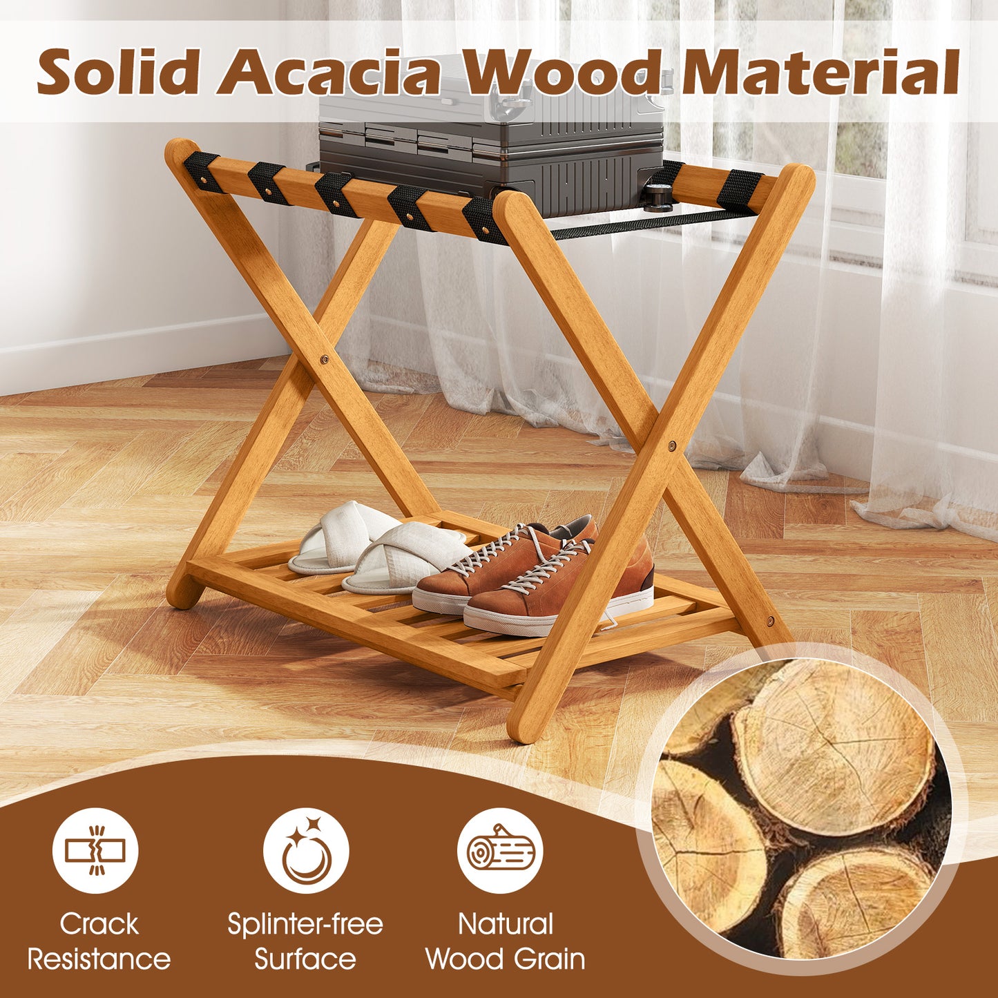 Set of 2 Folding Luggage Racks with 5 Nylon Straps and Slatted Storage Shelf, Natural Shoe Racks & Storage Benches at Gallery Canada