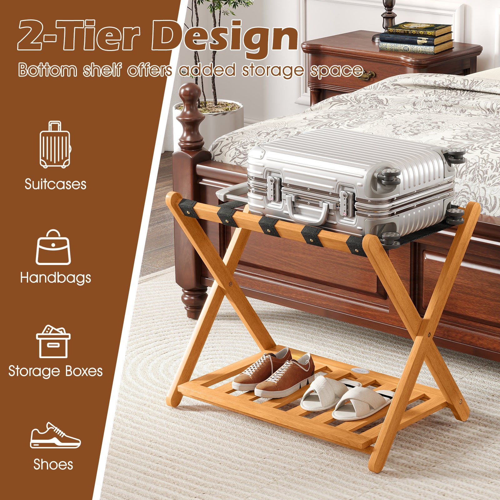 Set of 2 Folding Luggage Racks with 5 Nylon Straps and Slatted Storage Shelf, Natural Shoe Racks & Storage Benches at Gallery Canada