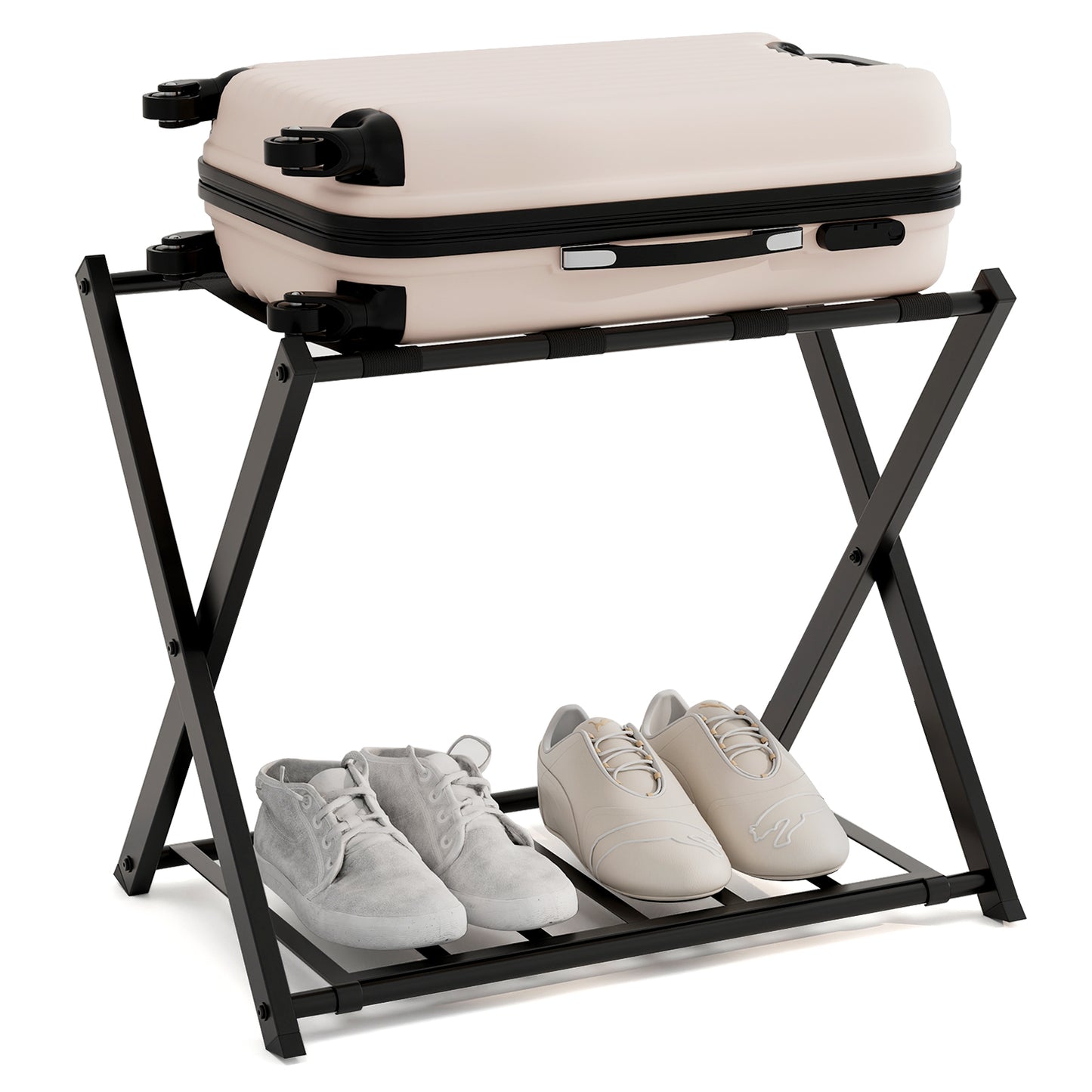 Folding Metal Luggage Rack Suitcase Set, Black