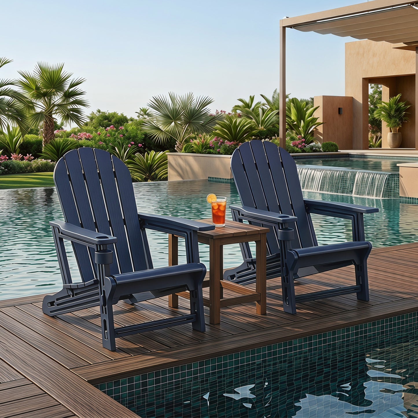 Set Of 2 HDPE Adirondack Chairs With Cup Holder, Blue