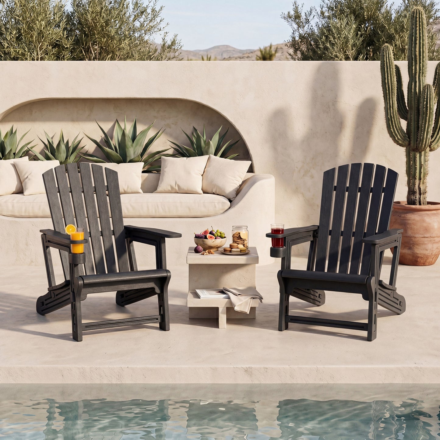 2-Pack HDPE Adirondack Chairs with Cup Holder, Black