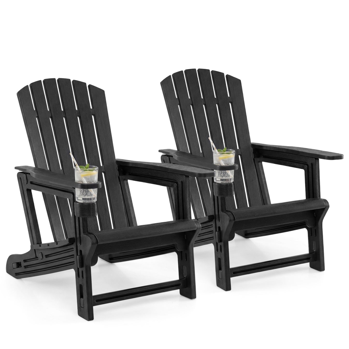 2-Pack HDPE Adirondack Chairs with Cup Holder, Black