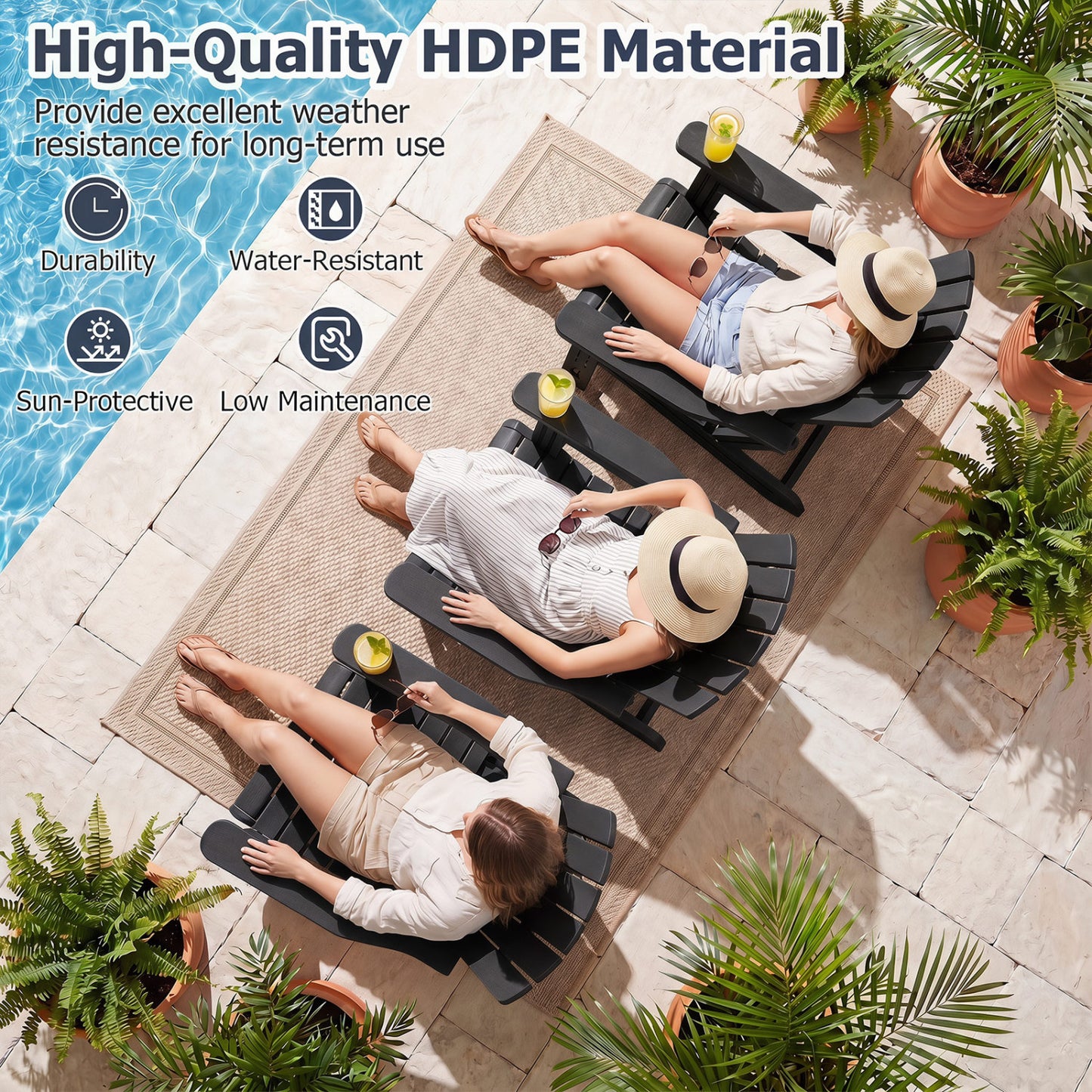 2-Pack HDPE Adirondack Chairs with Cup Holder, Black