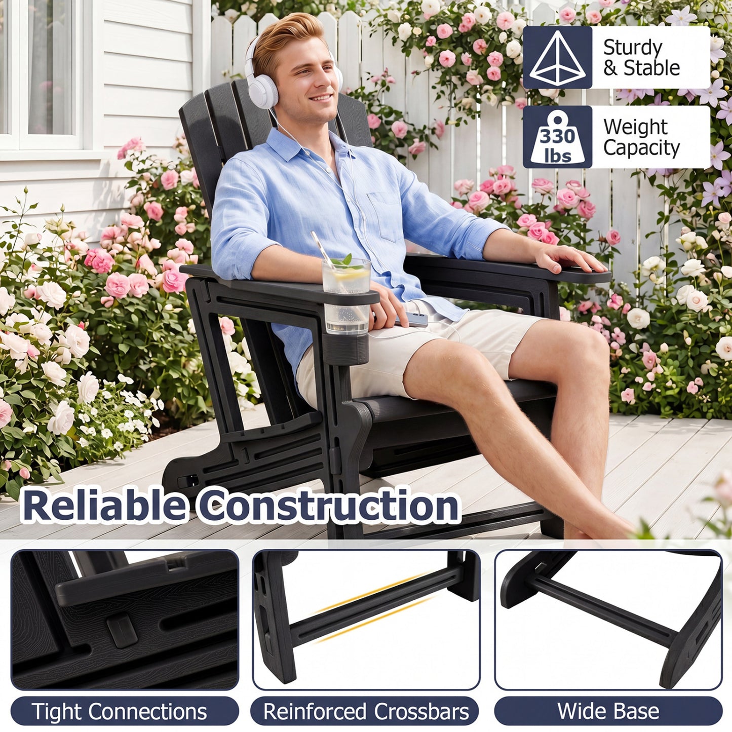 2-Pack HDPE Adirondack Chairs with Cup Holder, Black
