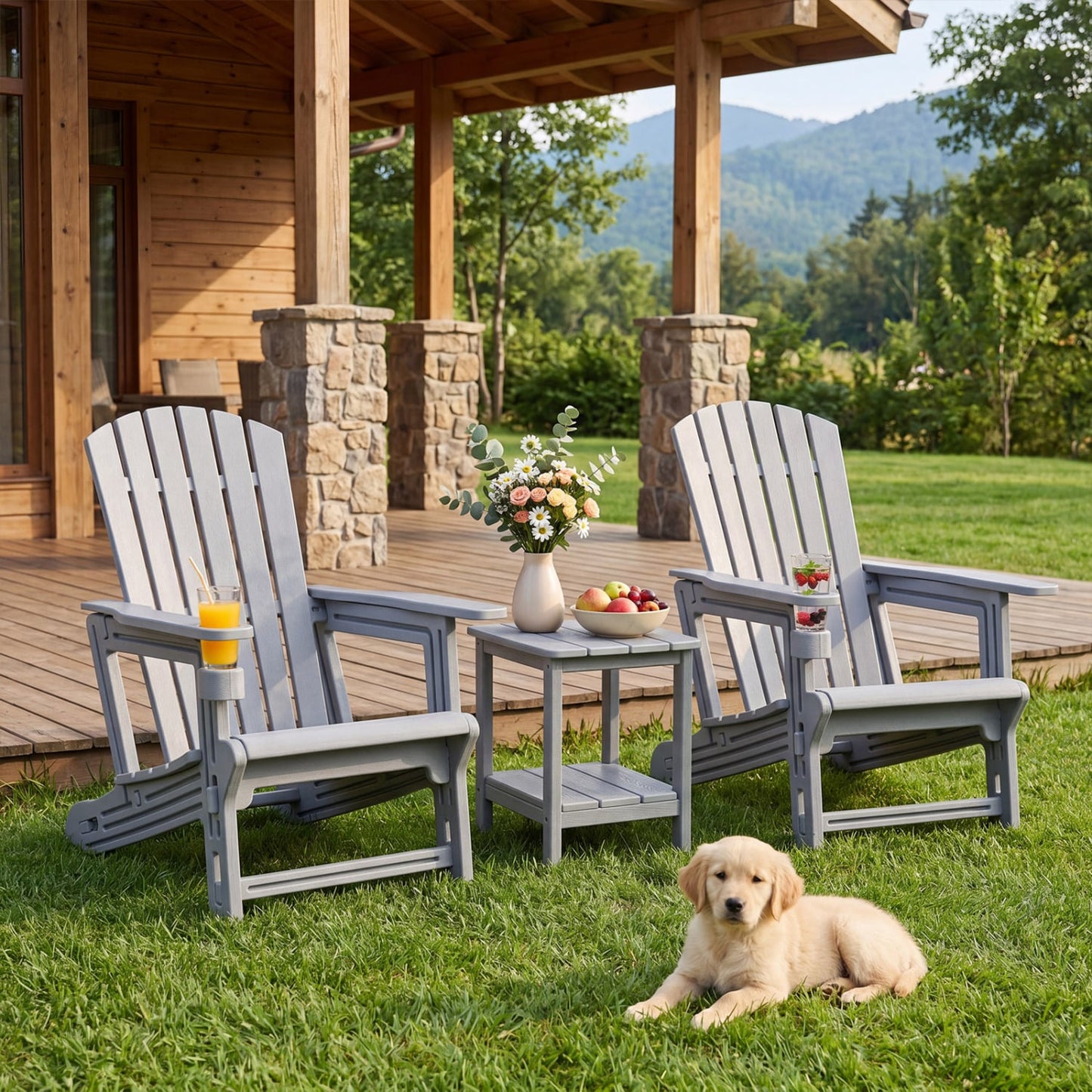 Set Of 2 HDPE Adirondack Chairs With Cup Holder, Gray