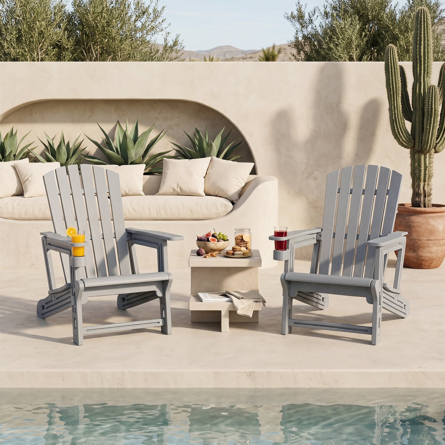 Set Of 2 HDPE Adirondack Chairs With Cup Holder, Gray