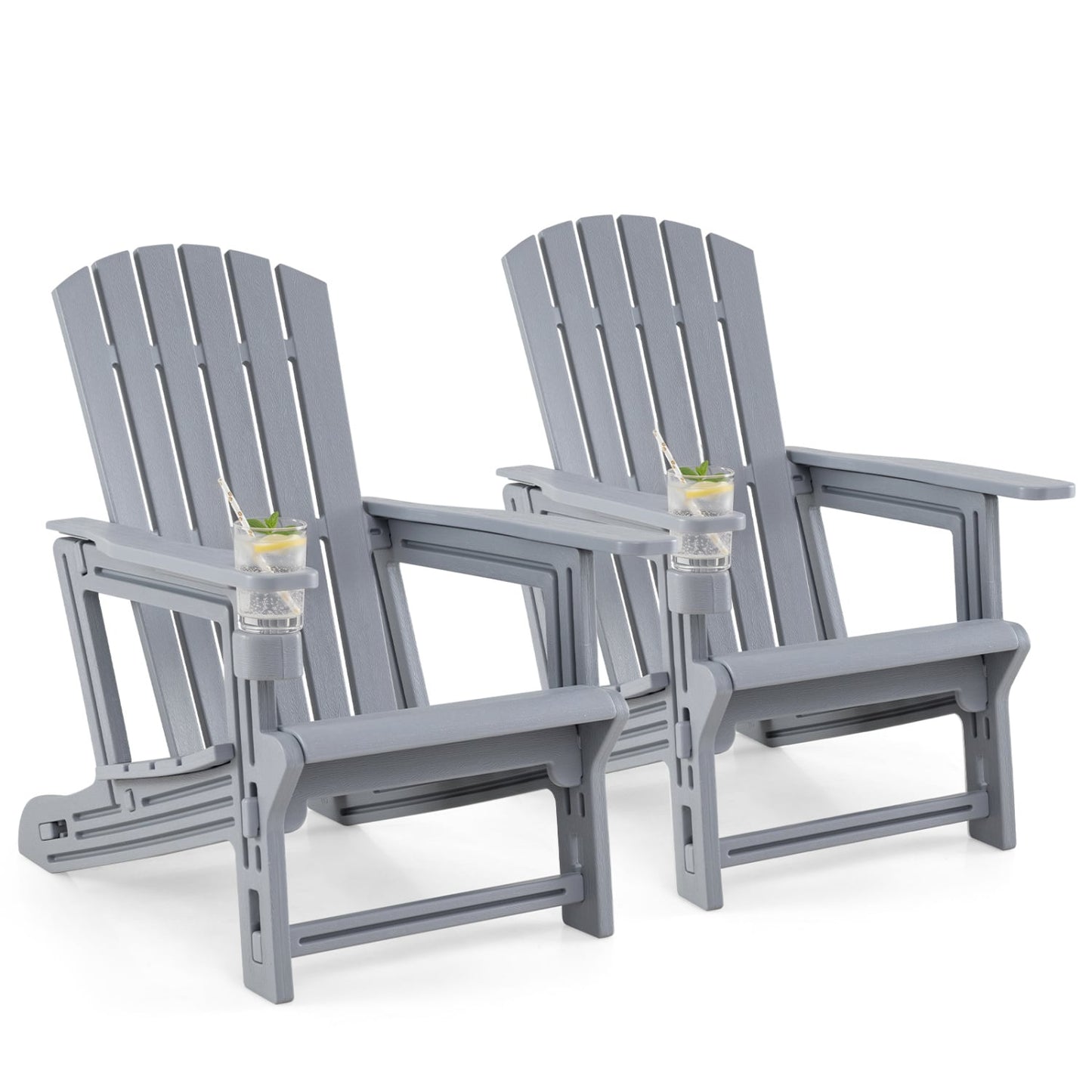Set Of 2 HDPE Adirondack Chairs With Cup Holder, Gray