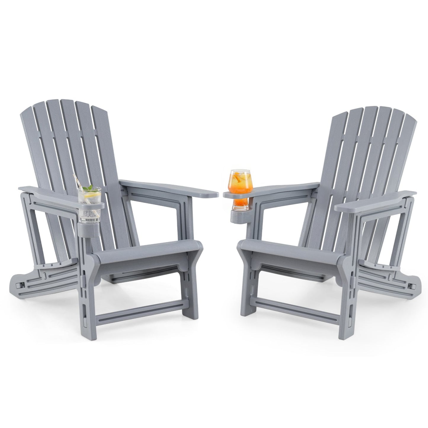 Set Of 2 HDPE Adirondack Chairs With Cup Holder, Gray
