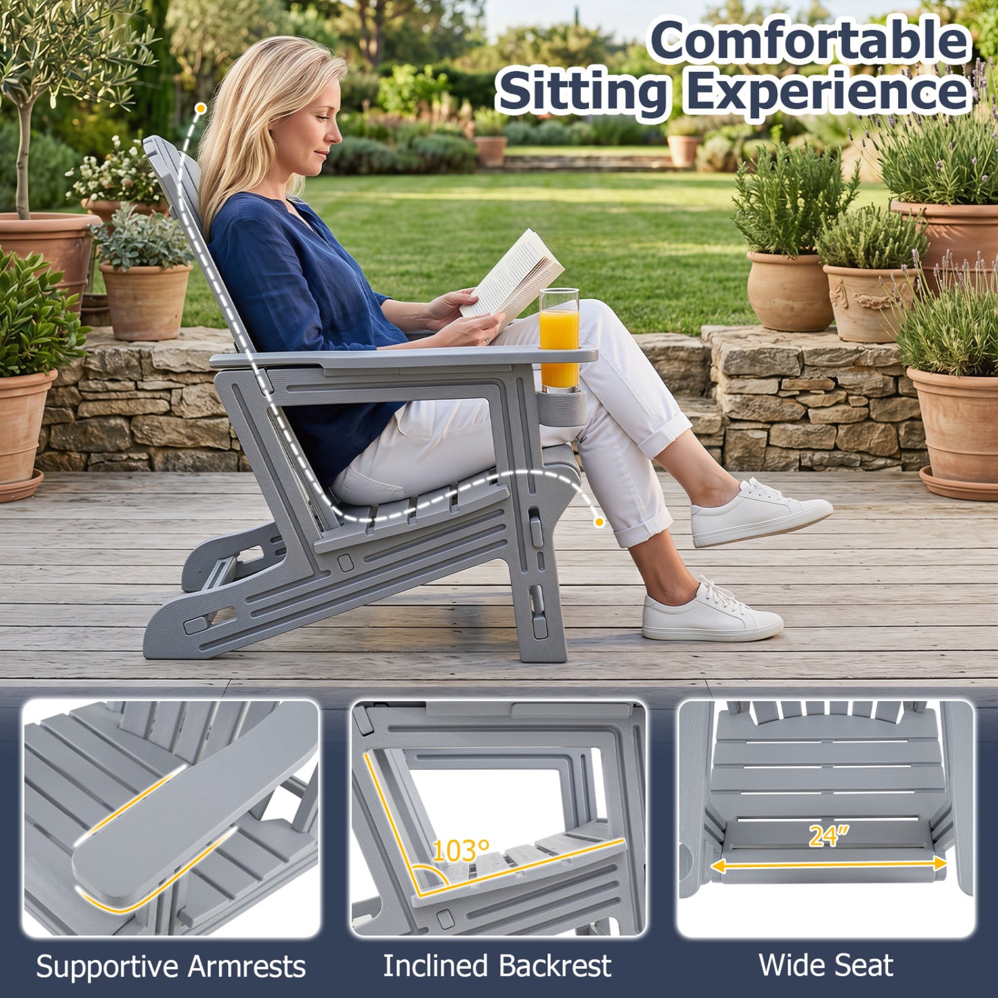 Set Of 2 HDPE Adirondack Chairs With Cup Holder, Gray