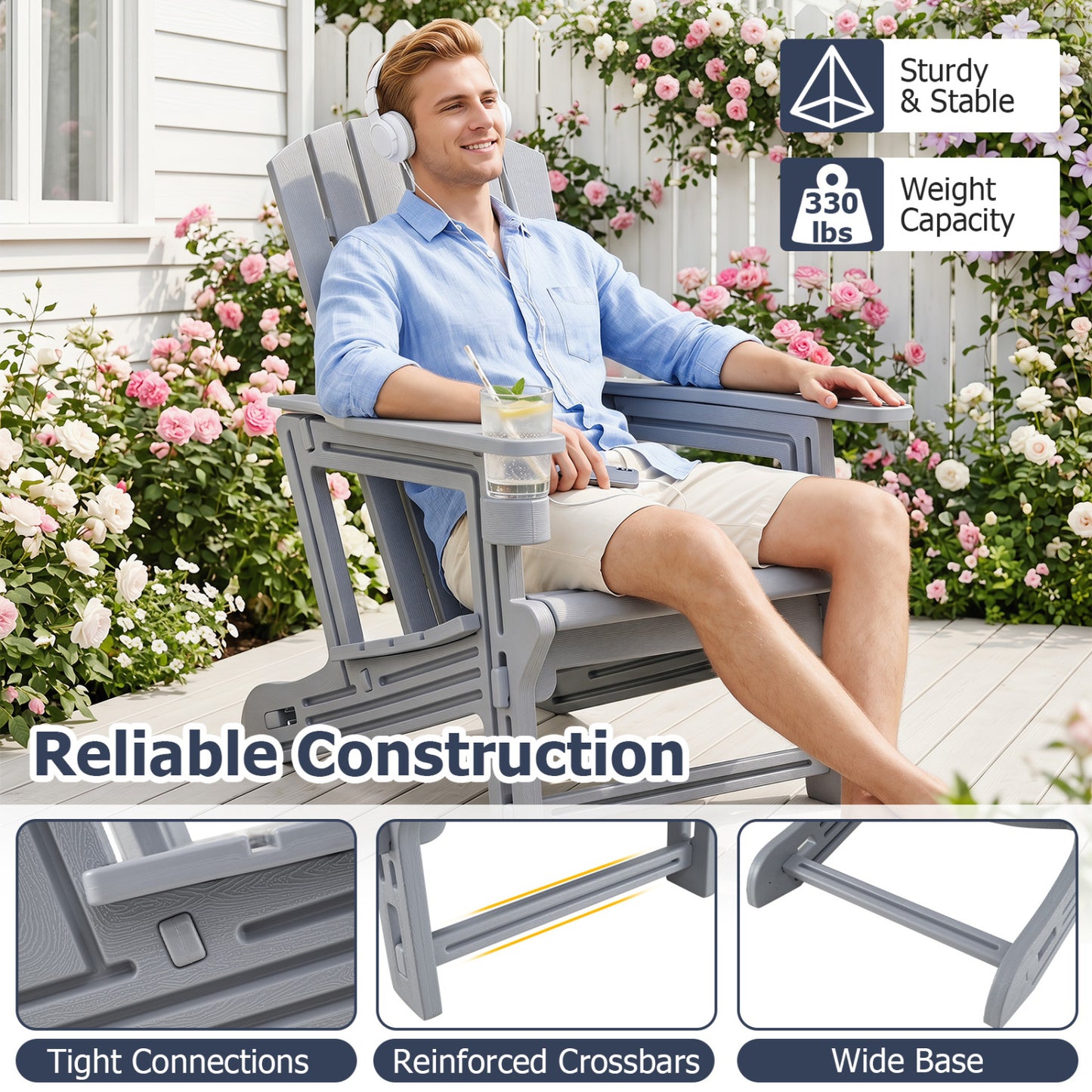 Set Of 2 HDPE Adirondack Chairs With Cup Holder, Gray