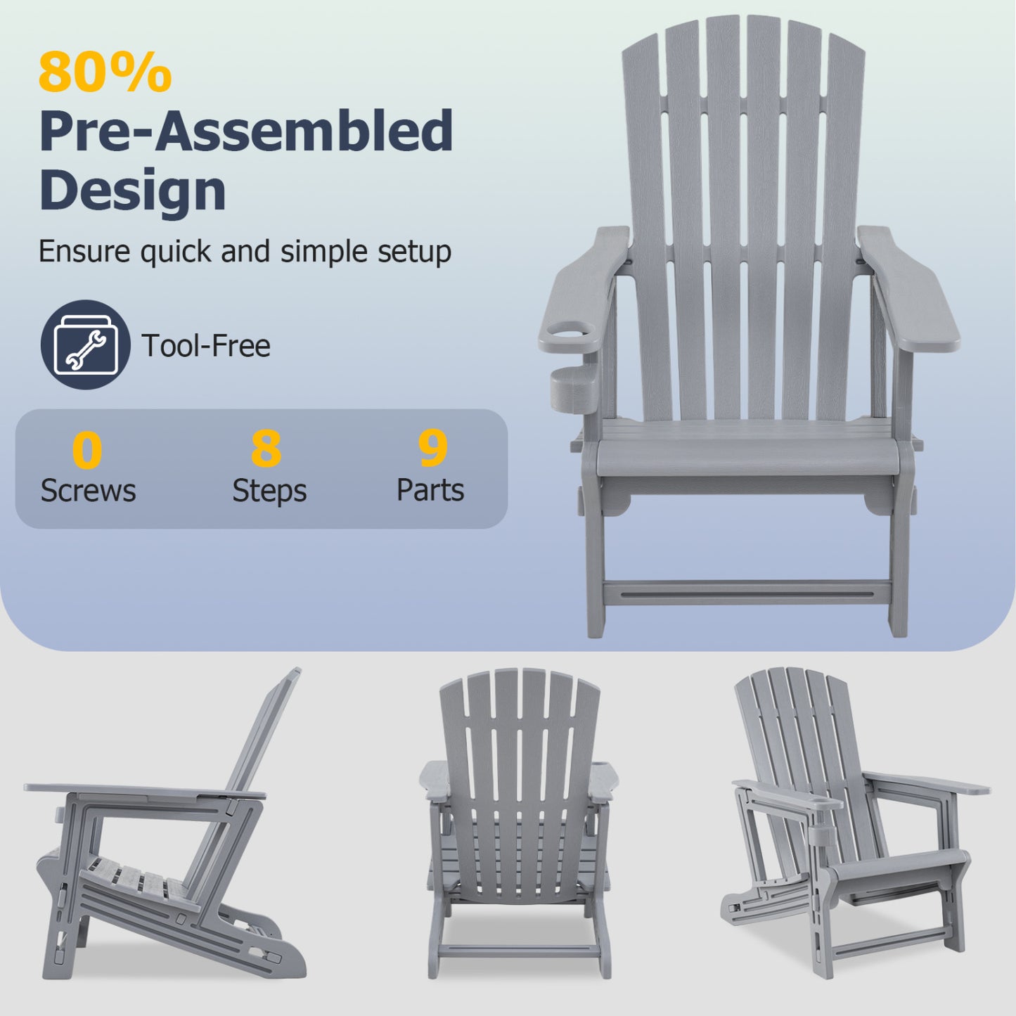 Set Of 2 HDPE Adirondack Chairs With Cup Holder, Gray