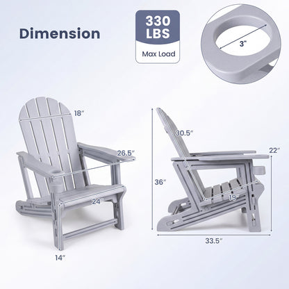 Set of 2 HDPE Adirondack Chairs with Cup Holder, Gray