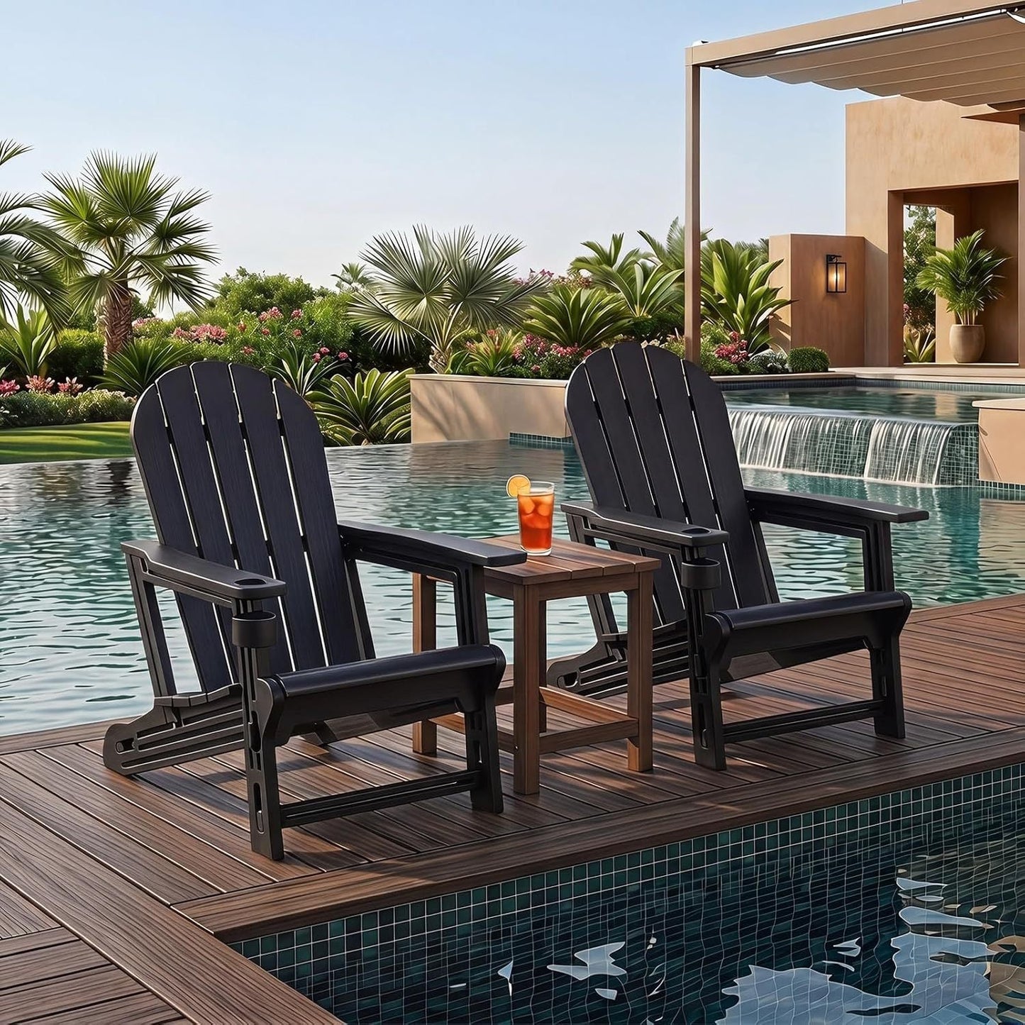 Ensemble de 2 chaises Adirondack en PEHD avec porte-gobelet, Noir