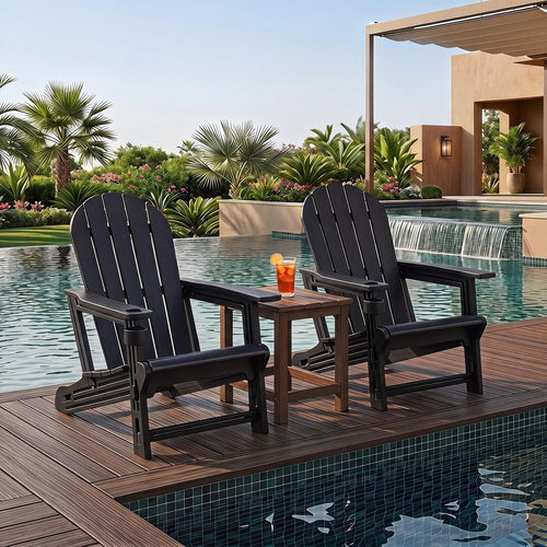 Set of 2 HDPE Adirondack Chairs with Cup Holder, Black