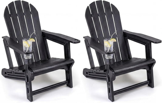 Set of 2 HDPE Adirondack Chairs with Cup Holder, Black Adirondack Chairs Black at Gallery Canada