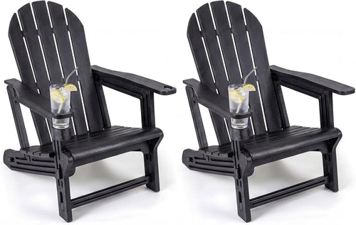 Set of 2 HDPE Adirondack Chairs with Cup Holder, Black