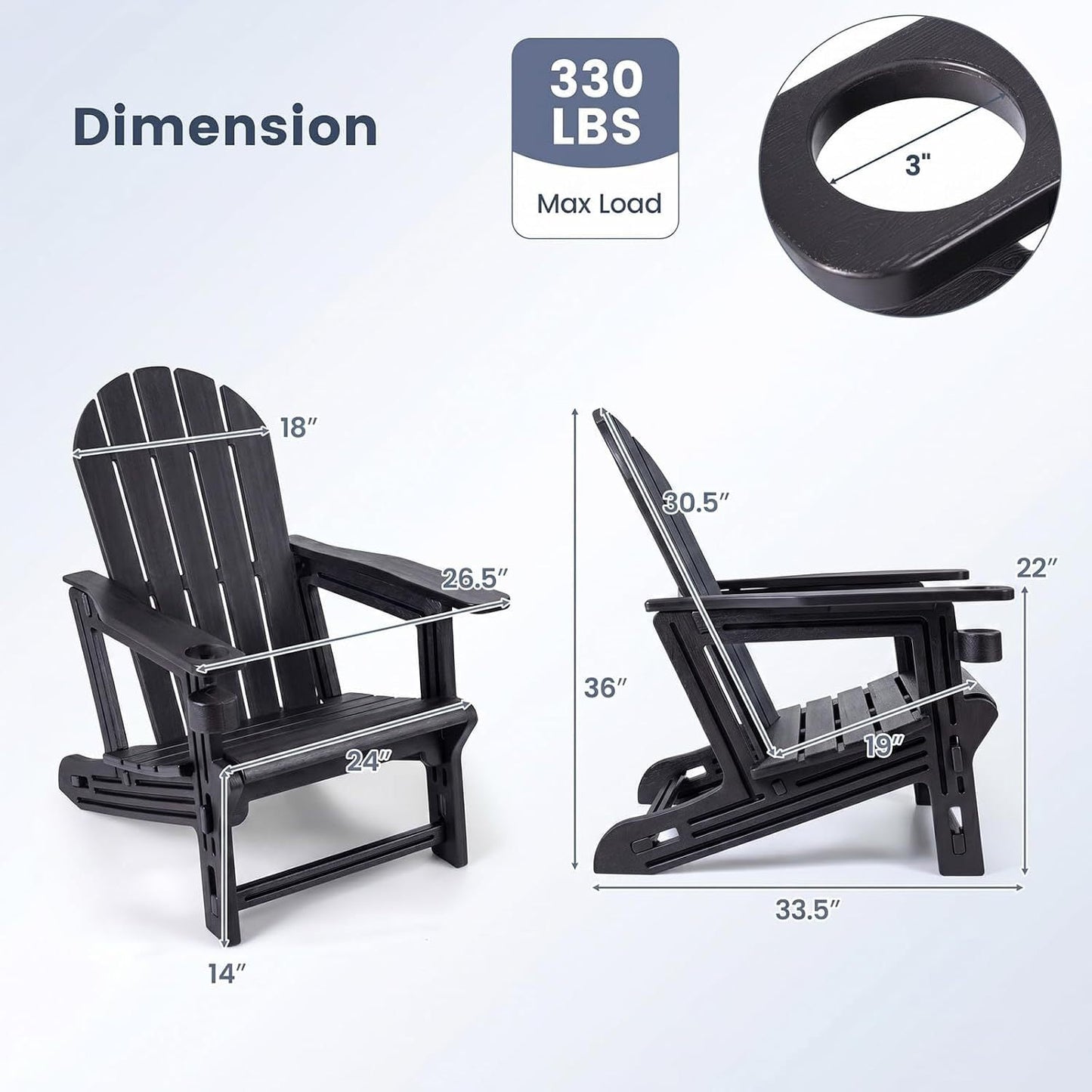 Ensemble de 2 chaises Adirondack en PEHD avec porte-gobelet, Noir