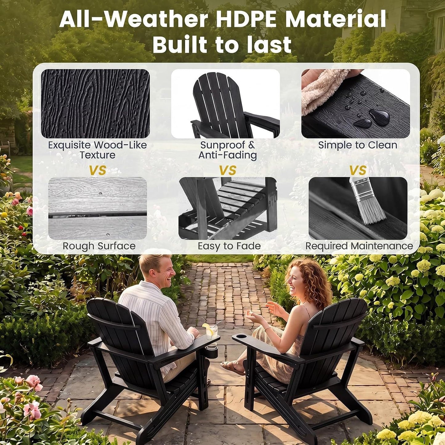 Ensemble de 2 chaises Adirondack en PEHD avec porte-gobelet, Noir