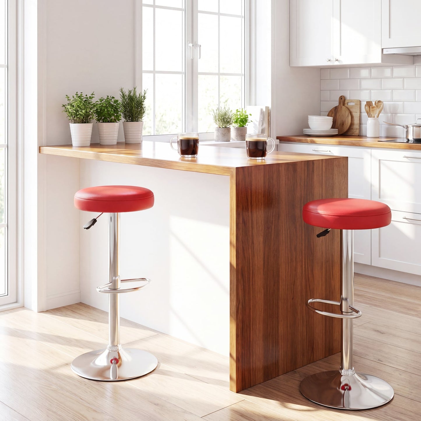 Set of 2 Height-adjustable Swivel Bar Stool with 360° Swivel bar stool, Red Bar Stools at Gallery Canada