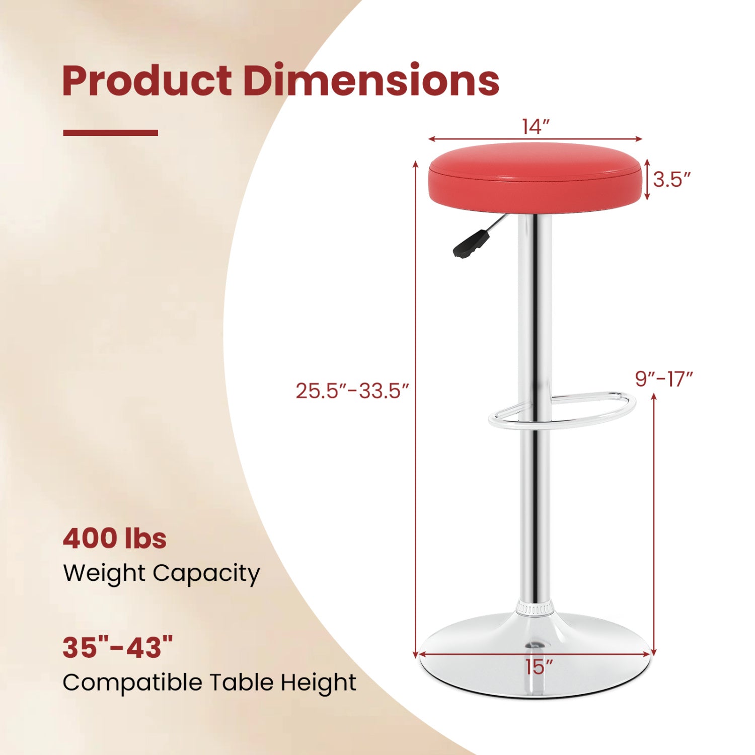 Set of 2 Height-adjustable Swivel Bar Stool with 360° Swivel bar stool, Red Bar Stools at Gallery Canada