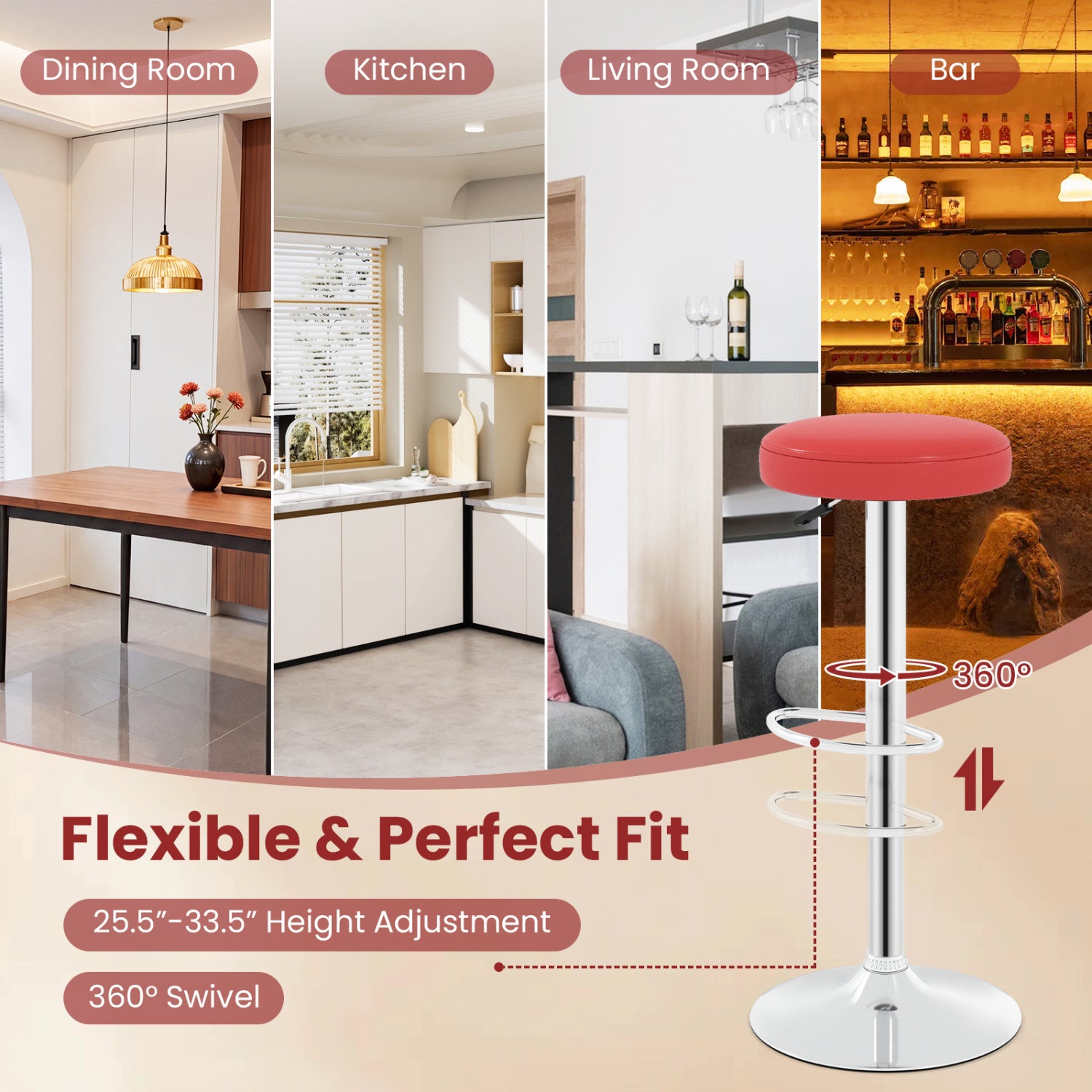 Set of 2 Height-adjustable Swivel Bar Stool with 360° Swivel bar stool, Red Bar Stools at Gallery Canada