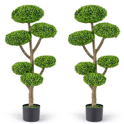 Set of 2 Indoor Outdoor 6 Balls Topiary Tree with Realistic Trunk and Weighted Cement-Filled Base