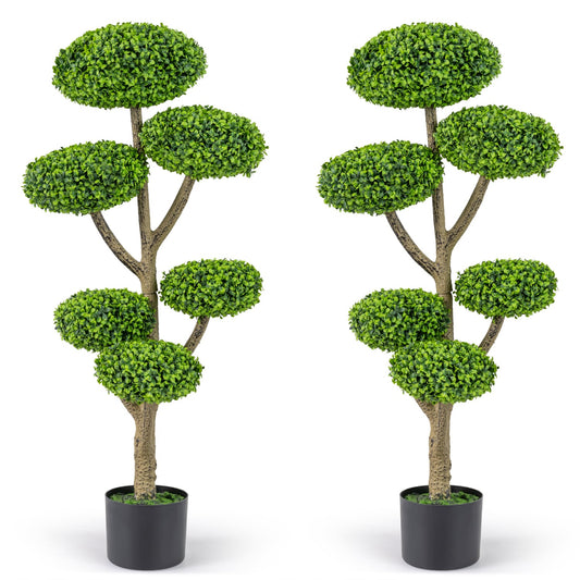 Set of 2 Indoor Outdoor 6 Balls Topiary Tree with Realistic Trunk and Weighted Cement-Filled Base Faux Plants Green + Natural + Black at Gallery Canada