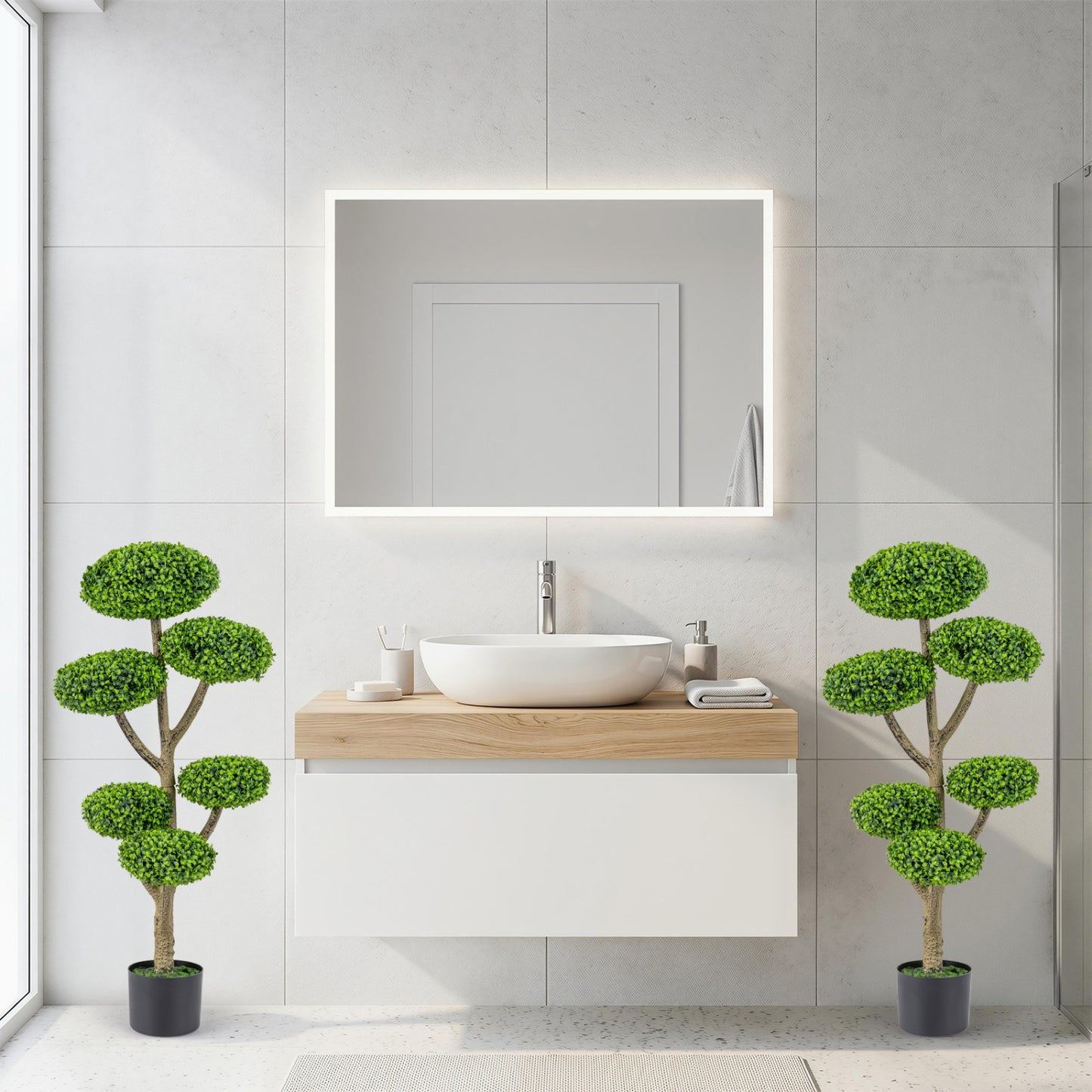 Set of 2 Indoor Outdoor 6 Balls Topiary Tree with Realistic Trunk and Weighted Cement-Filled Base
