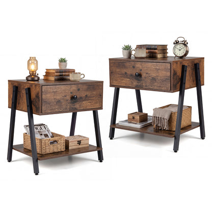 Set of 2 Industrial Nightstand, Adjustable Foot Pads, Rustic Brown
