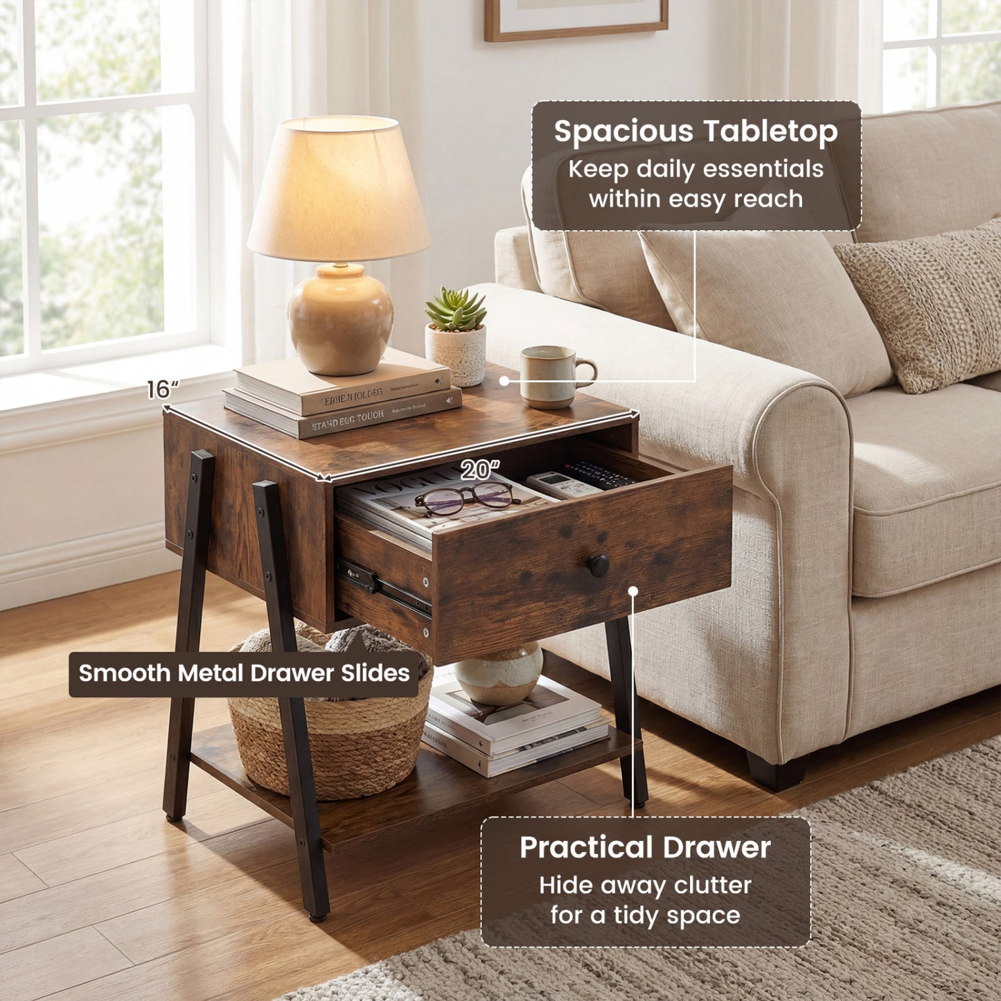 Set of 2 Industrial Nightstand, Adjustable Foot Pads, Rustic Brown