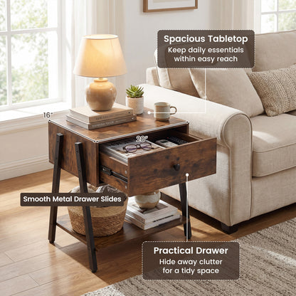 Set of 2 Industrial Nightstand, Adjustable Foot Pads, Rustic Brown