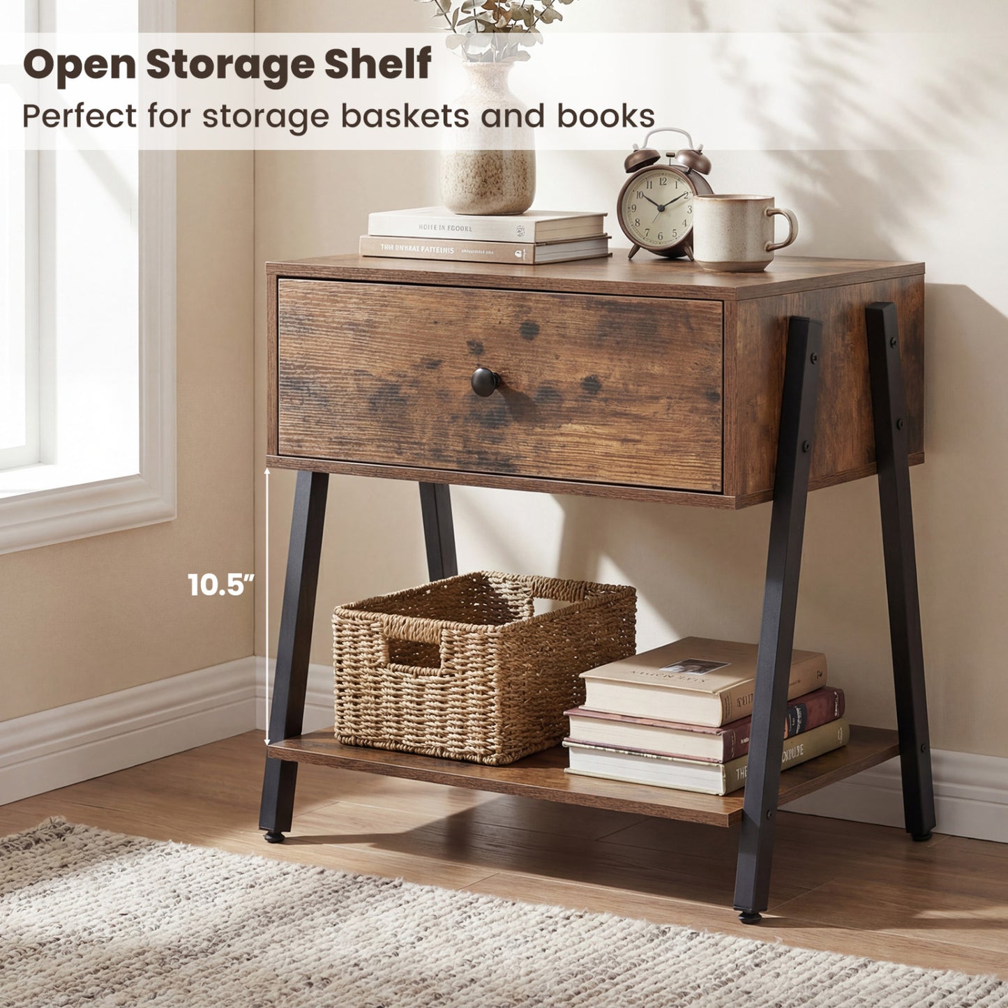Set of 2 Industrial Nightstand, Adjustable Foot Pads, Rustic Brown