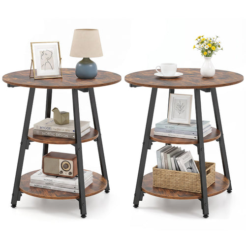 Industrial Side Tables Set of 2, 3-Tier Shelves, Brown