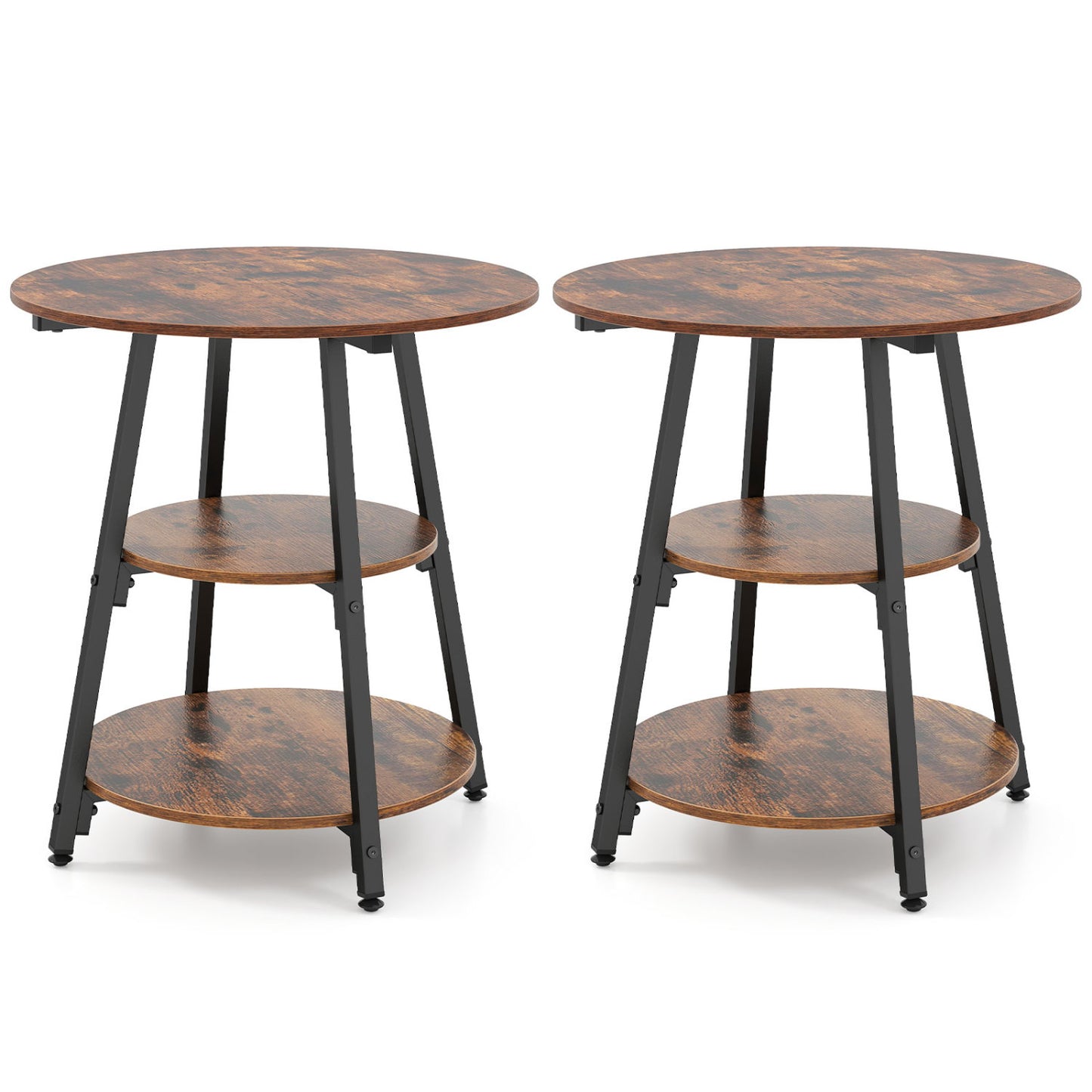 Tables d'appoint industrielles ensemble de 2, étagères à 3 niveaux, marron