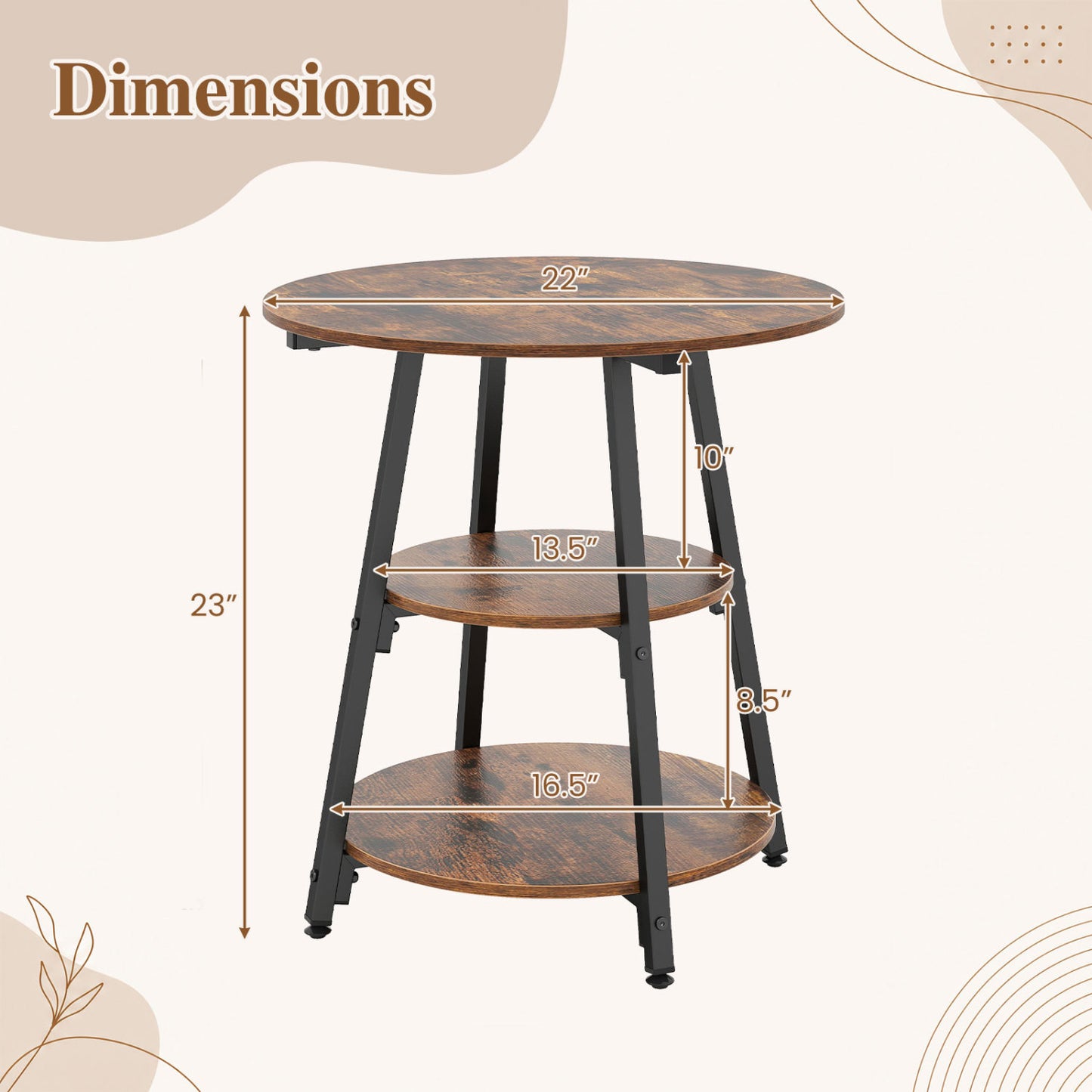 Tables d'appoint industrielles ensemble de 2, étagères à 3 niveaux, marron