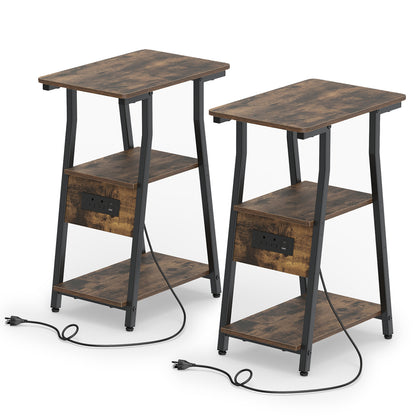 2 Tables d'appoint industrielles avec station de charge et étagères, Brun rustique
