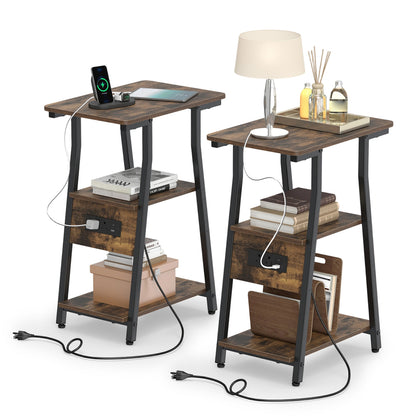 2 Tables d'appoint industrielles avec station de charge et étagères, Brun rustique
