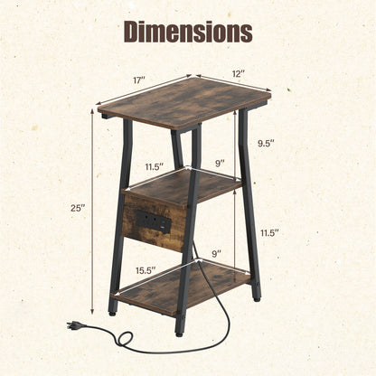 2 Tables d'appoint industrielles avec station de charge et étagères, Brun rustique