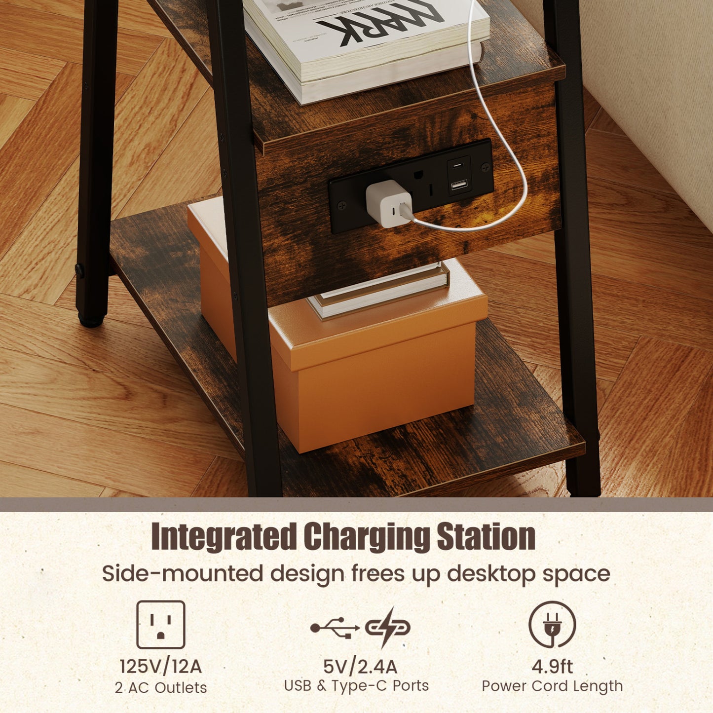 2 Tables d'appoint industrielles avec station de charge et étagères, Brun rustique