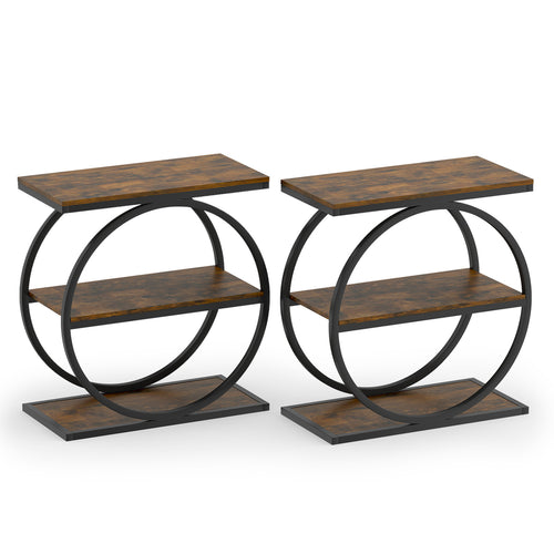 2 Industrial Faux Marble Side Tables, Metal Frame, Rustic Brown