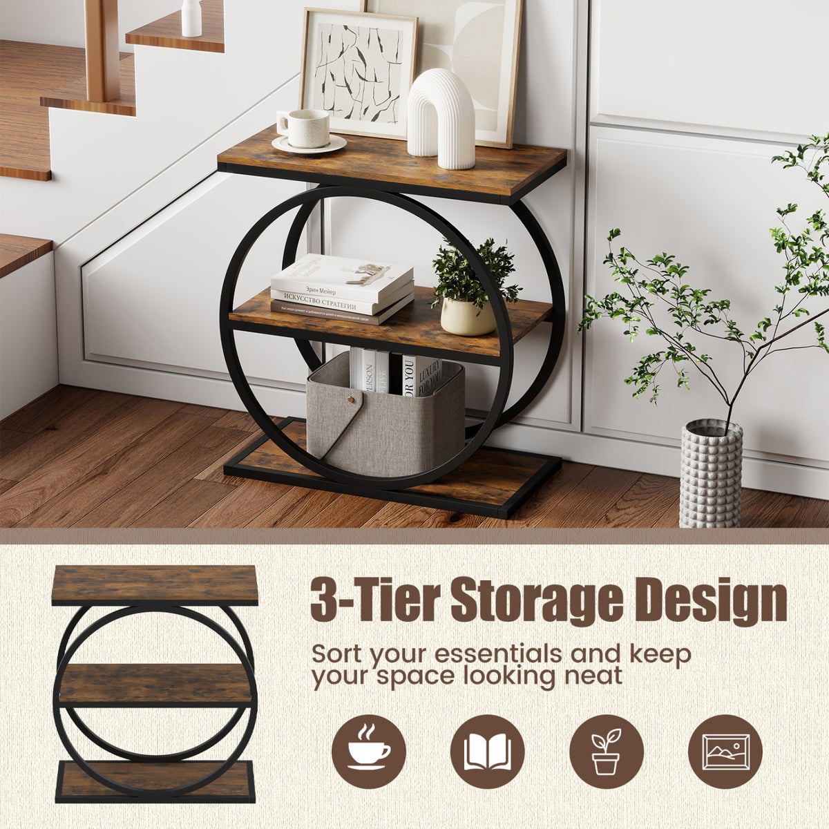 2 Industrial Faux Marble Side Tables, Metal Frame, Rustic Brown