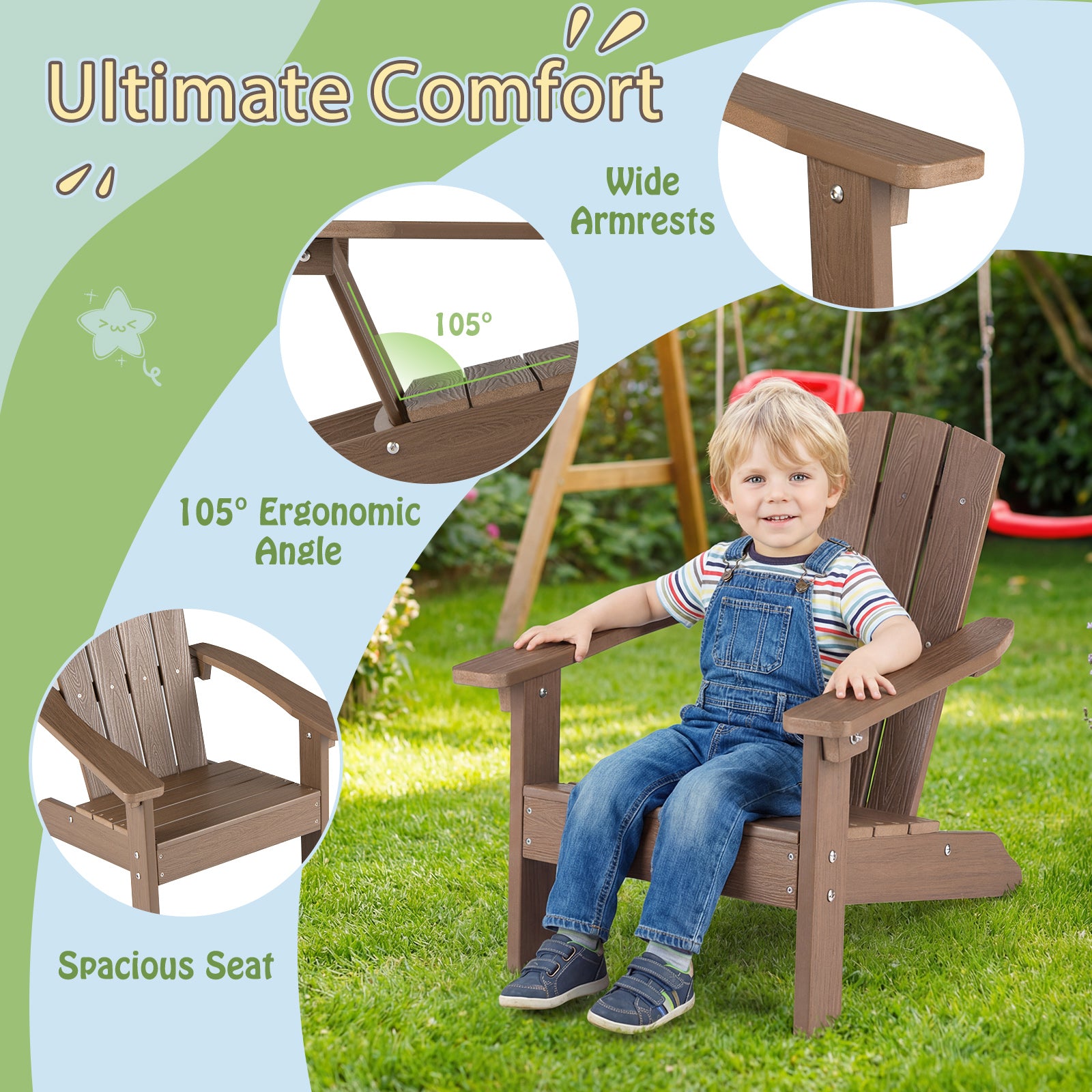 Kid's Adirondack Chair Set, High Backrest, Armrests, Brown Kids Chairs & Seating at Gallery Canada
