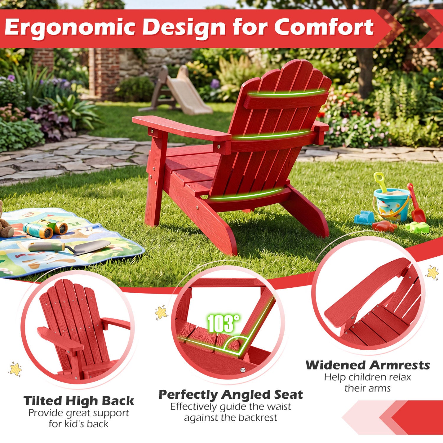 Set of 2 Kids Adirondack Chairs, Outdoor, High Backrest, Red Adirondack Chairs at Gallery Canada