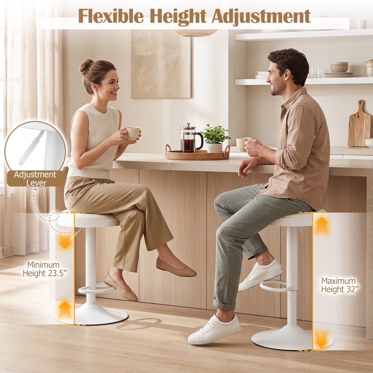 Ensemble de 2 tabourets de bar de cuisine, hauteur réglable, blanc