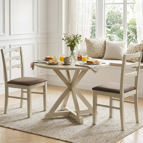 Set of 2 Linen Style Upholstered Dining Chairs with Wood Frames, White